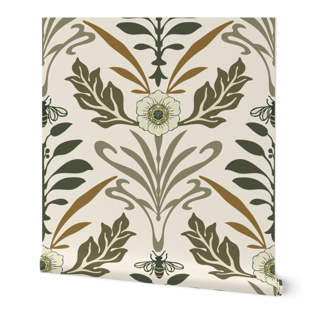 XLg - Art Nouveau - Extra  Large - Ivory/Beige - Honey Bee and Flower
