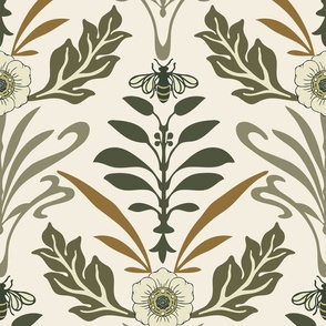 XLg - Art Nouveau - Extra  Large - Ivory/Beige - Honey Bee and Flower