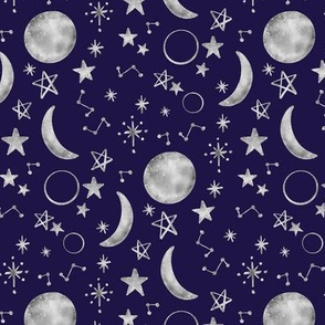 Moon Stars Constellations Watercolor gray and  Navy Blue Night Sky