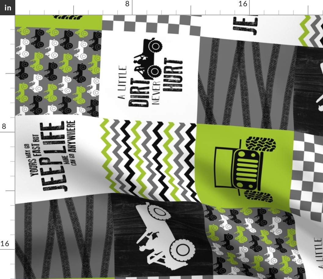 Jeep//A little dirt never hurt//Lime - Wholecloth Cheater Quilt - Rotated