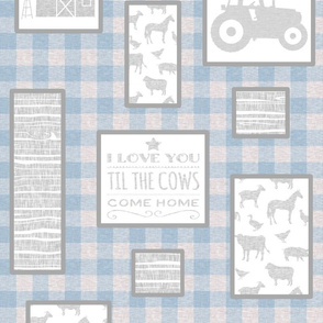 Farm Collage on plaid - sky blue/white/grey