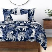 Large jumbo scale // Nouveau white tigers // navy blue background blue leaves silver lines white animals