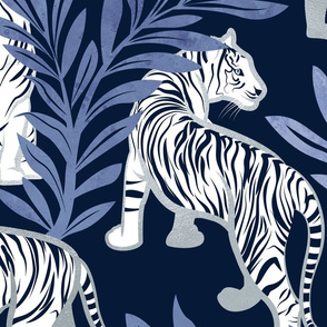 Large jumbo scale // Nouveau white tigers // navy blue background blue leaves silver lines white animals