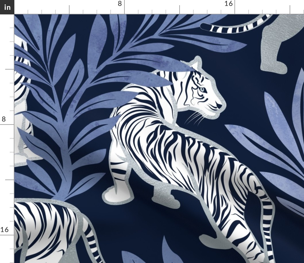 Large jumbo scale // Nouveau white tigers // navy blue background blue leaves silver lines white animals