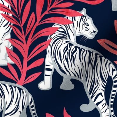 Normal scale // Nouveau white tigers // navy blue background red leaves silver lines white animals