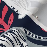 Normal scale // Nouveau white tigers // navy blue background red leaves silver lines white animals