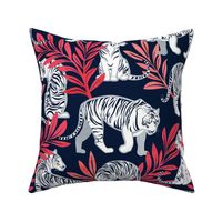 Normal scale // Nouveau white tigers // navy blue background red leaves silver lines white animals