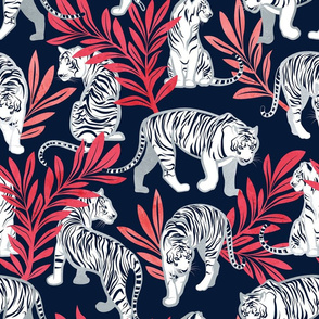 Normal scale // Nouveau white tigers // navy blue background red leaves silver lines white animals