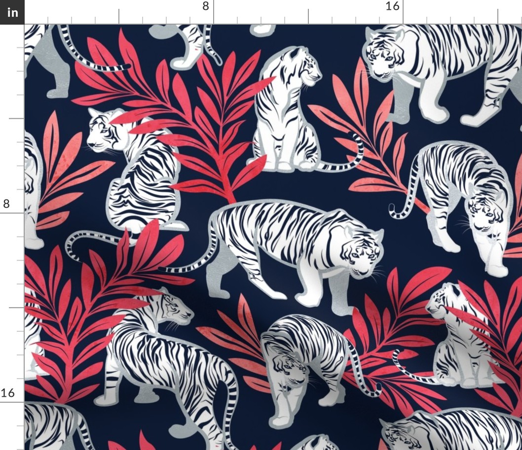 Normal scale // Nouveau white tigers // navy blue background red leaves silver lines white animals