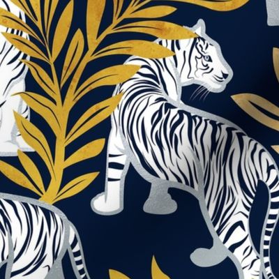 Normal scale // Nouveau white tigers // navy blue background yellow leaves silver lines white animals