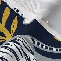 Normal scale // Nouveau white tigers // navy blue background yellow leaves silver lines white animals