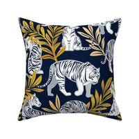 Normal scale // Nouveau white tigers // navy blue background yellow leaves silver lines white animals