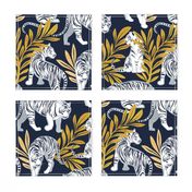 Normal scale // Nouveau white tigers // navy blue background yellow leaves silver lines white animals