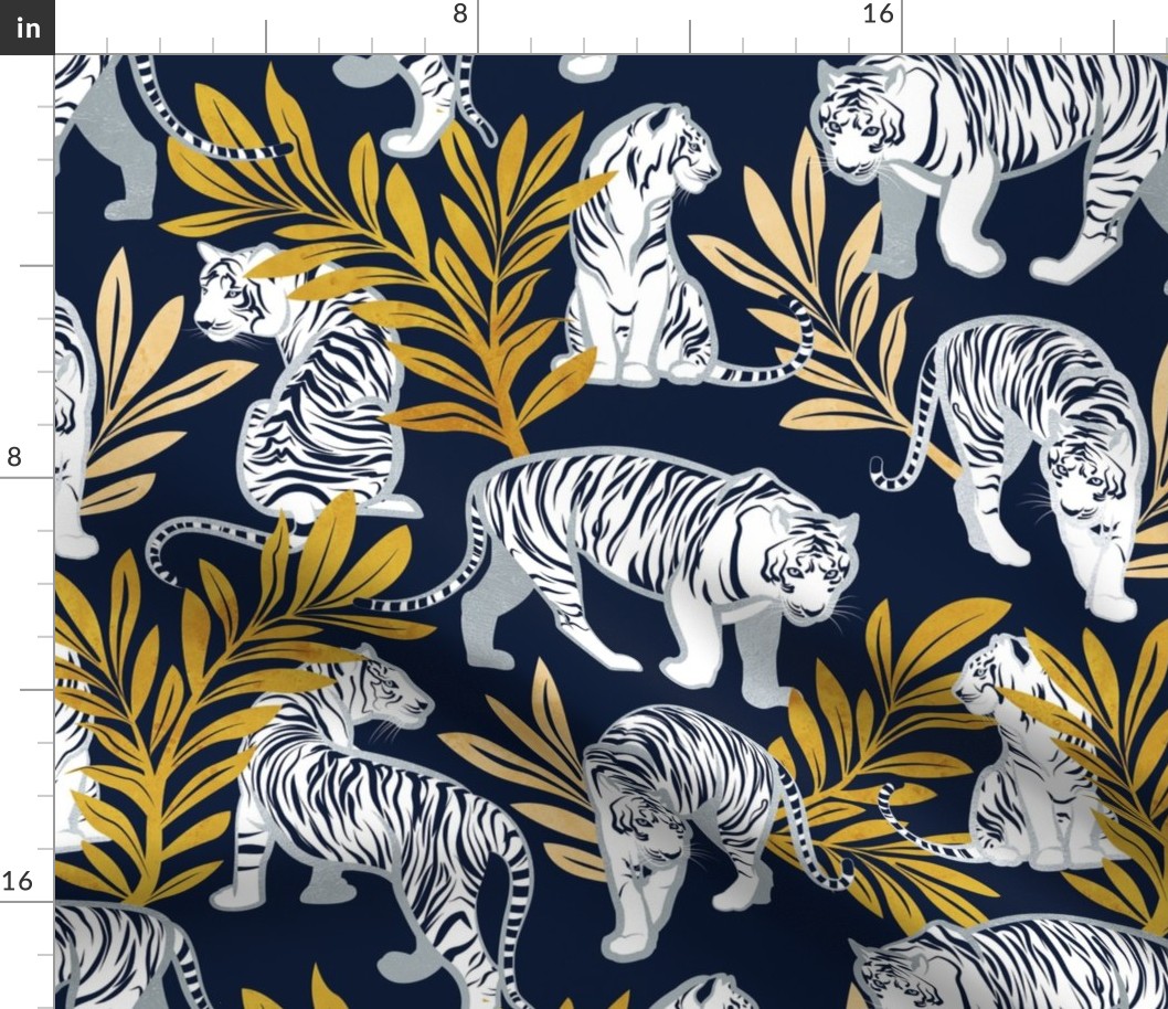 Normal scale // Nouveau white tigers // navy blue background yellow leaves silver lines white animals