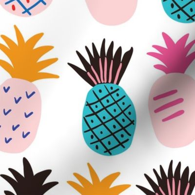 Cute hand drawn colorful pineapples on white background