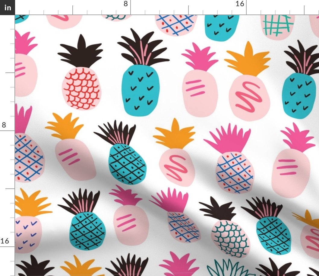 Cute hand drawn colorful pineapples on white background