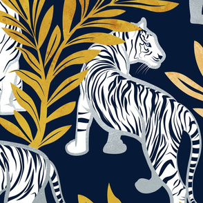 Large jumbo scale // Nouveau white tigers // navy blue background yellow leaves silver lines white animals