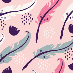 writing feathers in scandinavian style on pink background