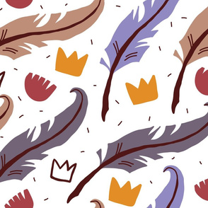 writing feathers & crowns in scandinavian style on white background