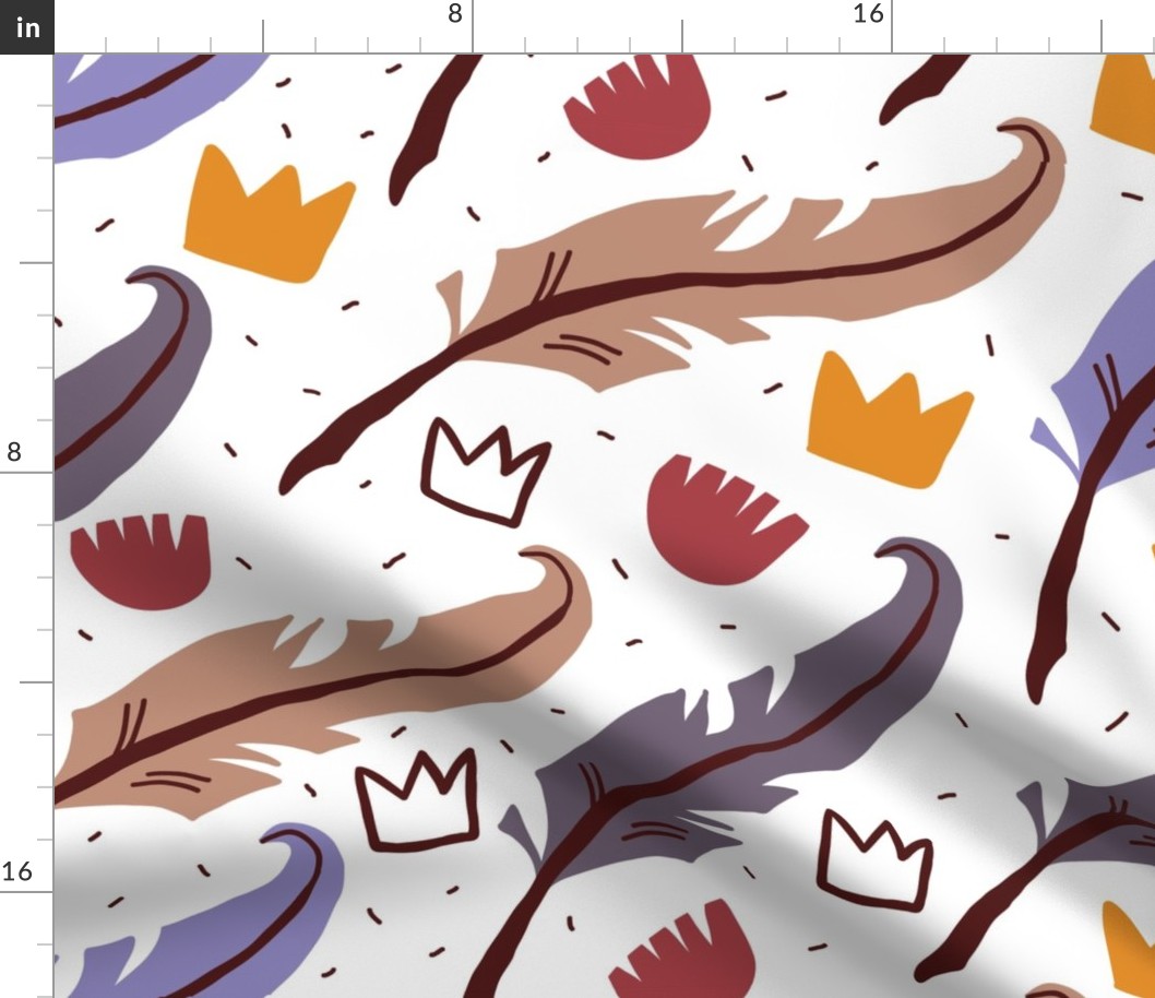 writing feathers & crowns in scandinavian style on white background