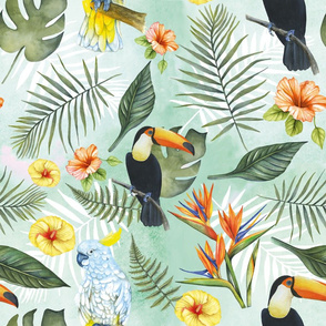 Tropical birds and flowers