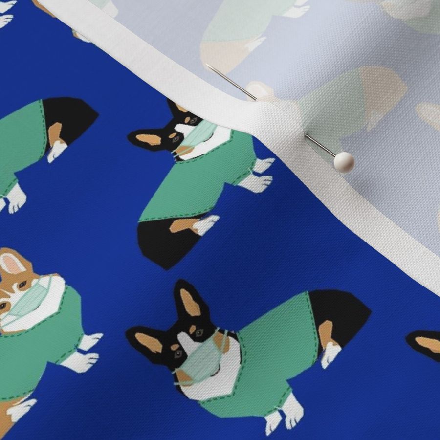 SMALL corgi scrubs fabric - corgi, corgis, nurse, doctor, tri corgi, - blue