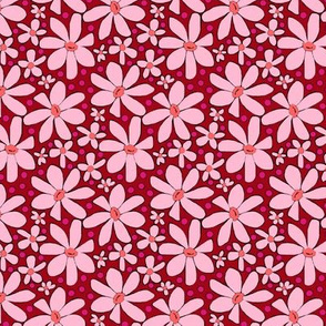 Hippie Daisies Pink on Red