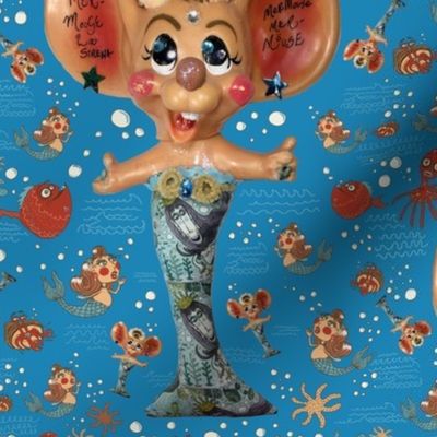 mermouse mermaid vintage kitsch fantasy, large scale, blue orange red green brown