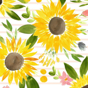 Sweet Sunflowers Field Watercolor Floral - Soft Blush Stripes - LARGE