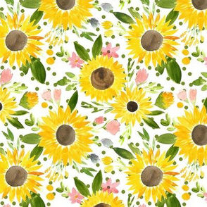 Sweet Sunflowers Field Watercolor Floral - Green Dots 