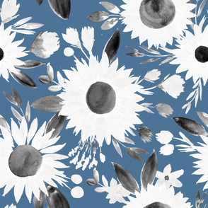 white and black sunflowers on blue 