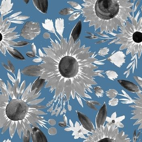 black and white sunflowers on blue 