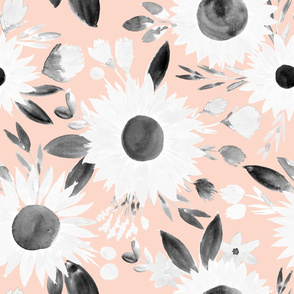 white and black sunflowers on blush pink 