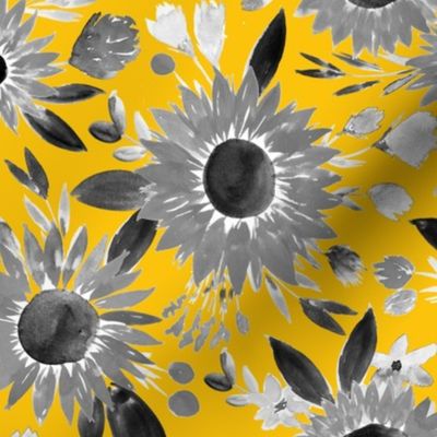 black and white sunflowers on mustard
