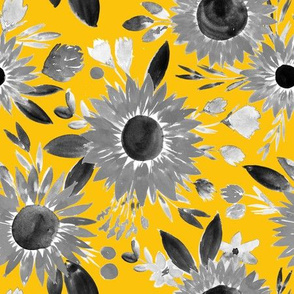 black and white sunflowers on mustard