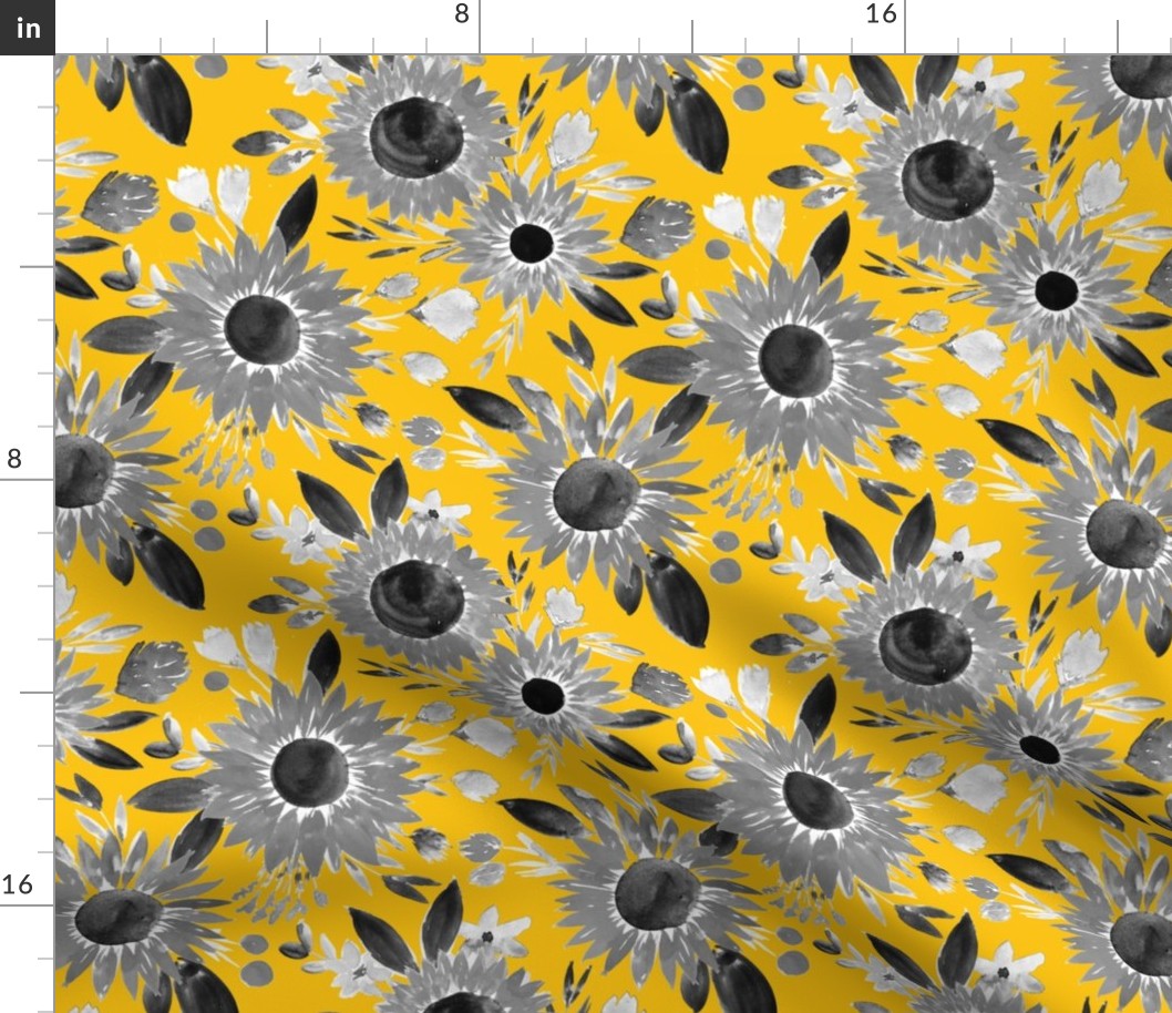 black and white sunflowers on mustard