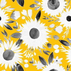 white and black sunflowers on mustard