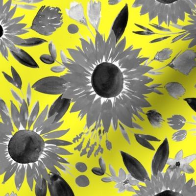 black and white sunflowers on bright yellow 