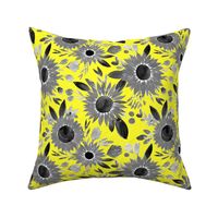 black and white sunflowers on bright yellow 