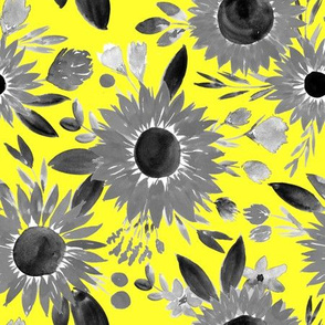 black and white sunflowers on bright yellow 