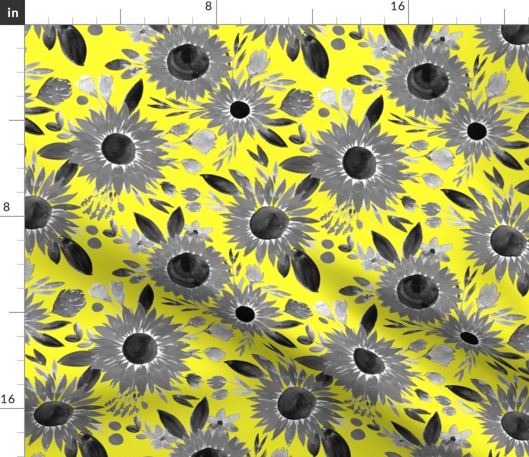 black and white sunflowers on bright yellow 