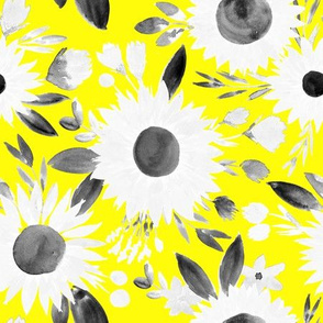 white and black sunflowers on bright yellow 