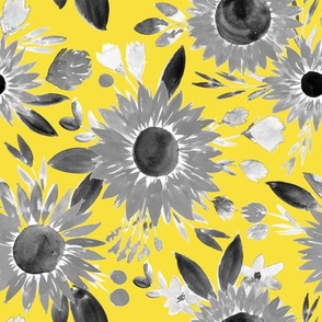 black and white sunflowers on golden yellow