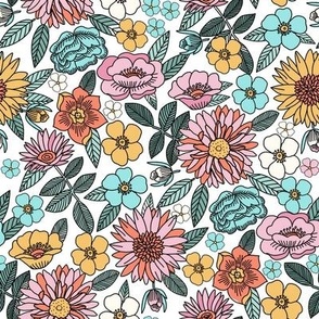 MEDIUM - Happy flowers fabric - spring floral, baby girl floral, spring flowers fabric, floral fabric, 70s floral, retro floral - white
