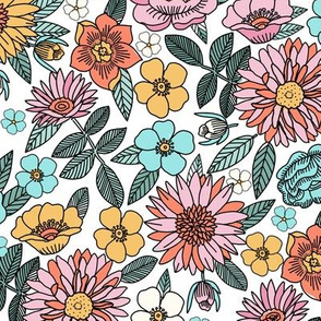 LARGE -Happy flowers fabric - spring floral, baby girl floral, spring flowers fabric, floral fabric, 70s floral, retro floral - white