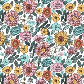 SMALL Happy flowers fabric - spring floral, baby girl floral, spring flowers fabric, floral fabric, 70s floral, retro floral - white