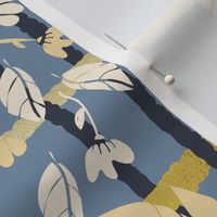Peony Garden -Cream & Gold Peonies with Trellis  on Blue Wallpaper