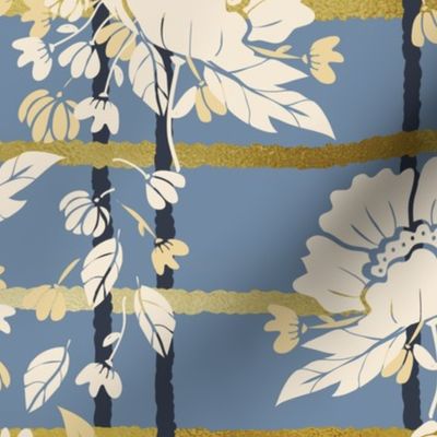 Peony Garden -Cream & Gold Peonies with Trellis  on Blue Wallpaper