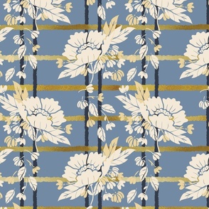 Peony Garden -Cream & Gold Peonies with Lattice on Blue Wallpaper