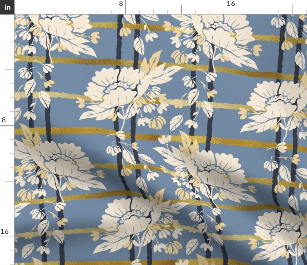 Peony Garden -Cream & Gold Peonies with Trellis  on Blue Wallpaper